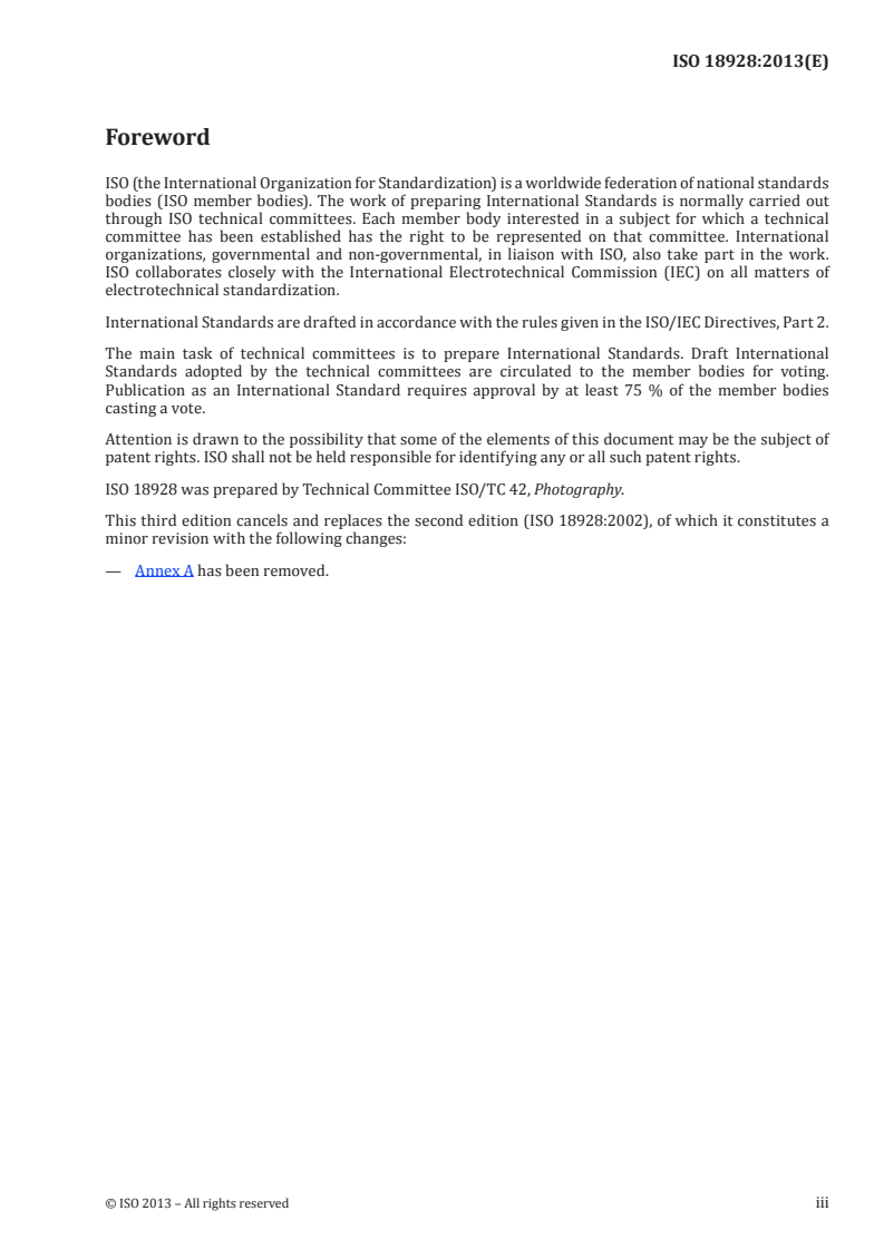ISO 18928:2013 ISO 18928:2013 - Imaging materials — Unprocessed photographic films and papers — Storage practices/7/2013 - Page 3 preview