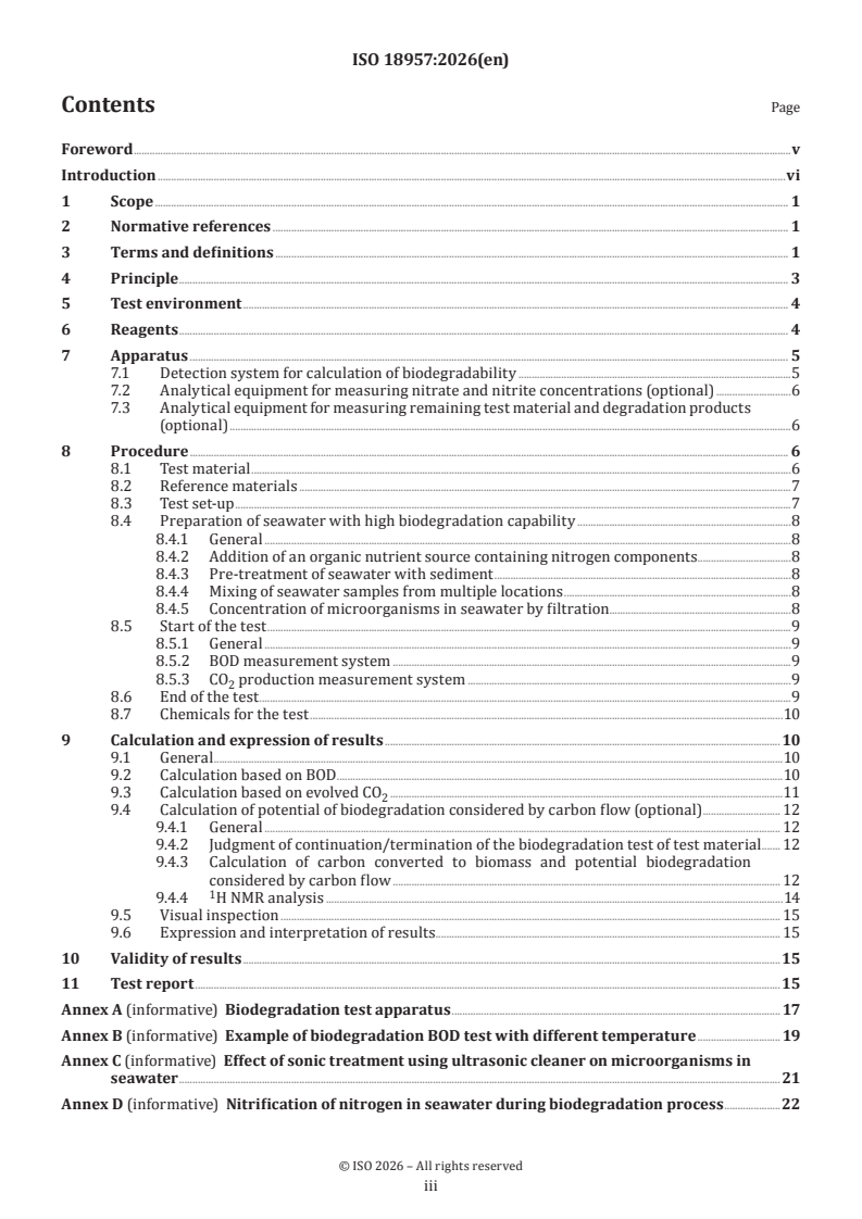 ISO 18957:2026 ISO 18957:2026 - Plastics — Determination of the aerobic biodegradation of plastic materials exposed to seawater using accelerated conditions in laboratory - Page 3 preview