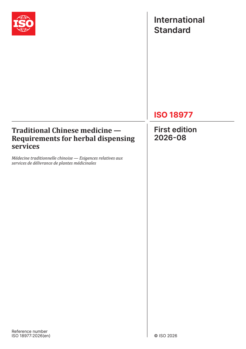ISO 18977:2026 ISO 18977:2026 - Traditional Chinese medicine — Requirements for herbal dispensing services - Page 1 preview
