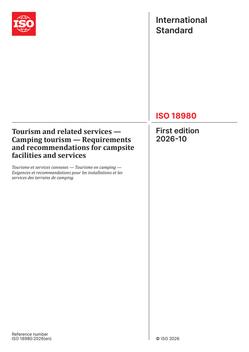 ISO 18980:2026 ISO 18980:2026 - Tourism and related services — Camping tourism — Requirements and recommendations for campsite facilities and services - Page 1 preview