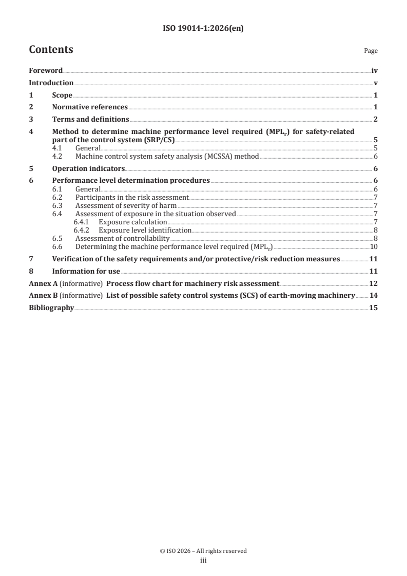 ISO 19014-1:2026 ISO 19014-1:2026 - Earth-moving machinery — Functional safety — Part 1: Methodology to determine safety-related parts of the control system and performance requirements - Page 3 preview