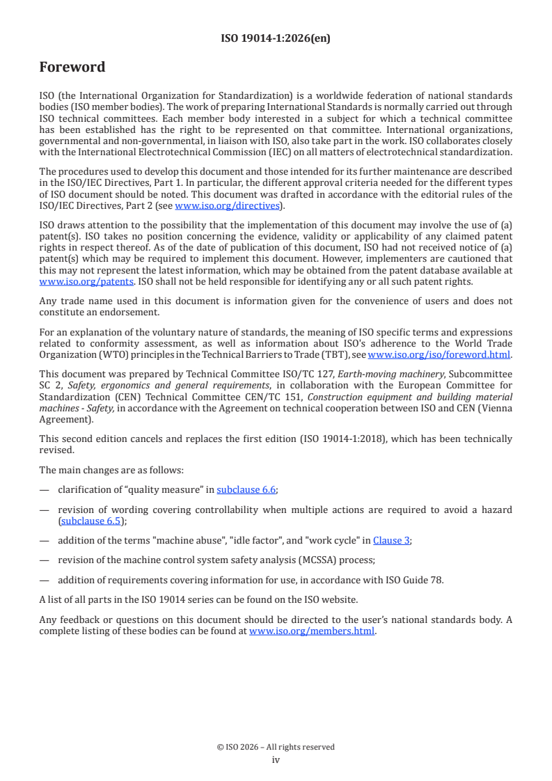 ISO 19014-1:2026 ISO 19014-1:2026 - Earth-moving machinery — Functional safety — Part 1: Methodology to determine safety-related parts of the control system and performance requirements - Page 4 preview