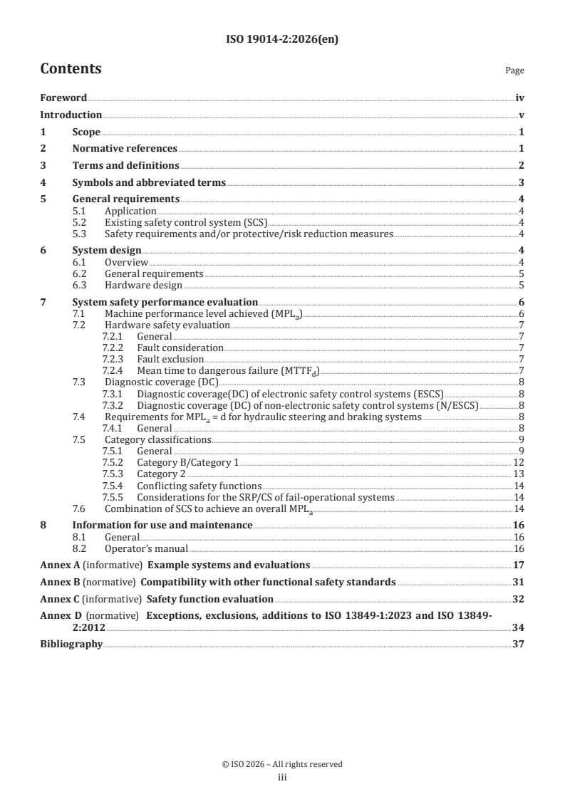 ISO 19014-2:2026 ISO 19014-2:2026 - Earth-moving machinery — Functional safety — Part 2: Design and evaluation of hardware and architecture requirements for safety-related parts of the control system - Page 3 preview