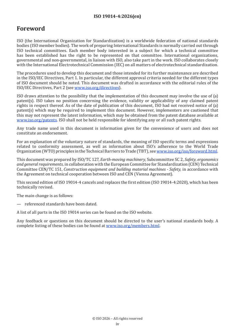 ISO 19014-4:2026 ISO 19014-4:2026 - Earth-moving machinery — Functional safety — Part 4: Design and evaluation of software and data transmission for safety-related parts of the control system - Page 4 preview