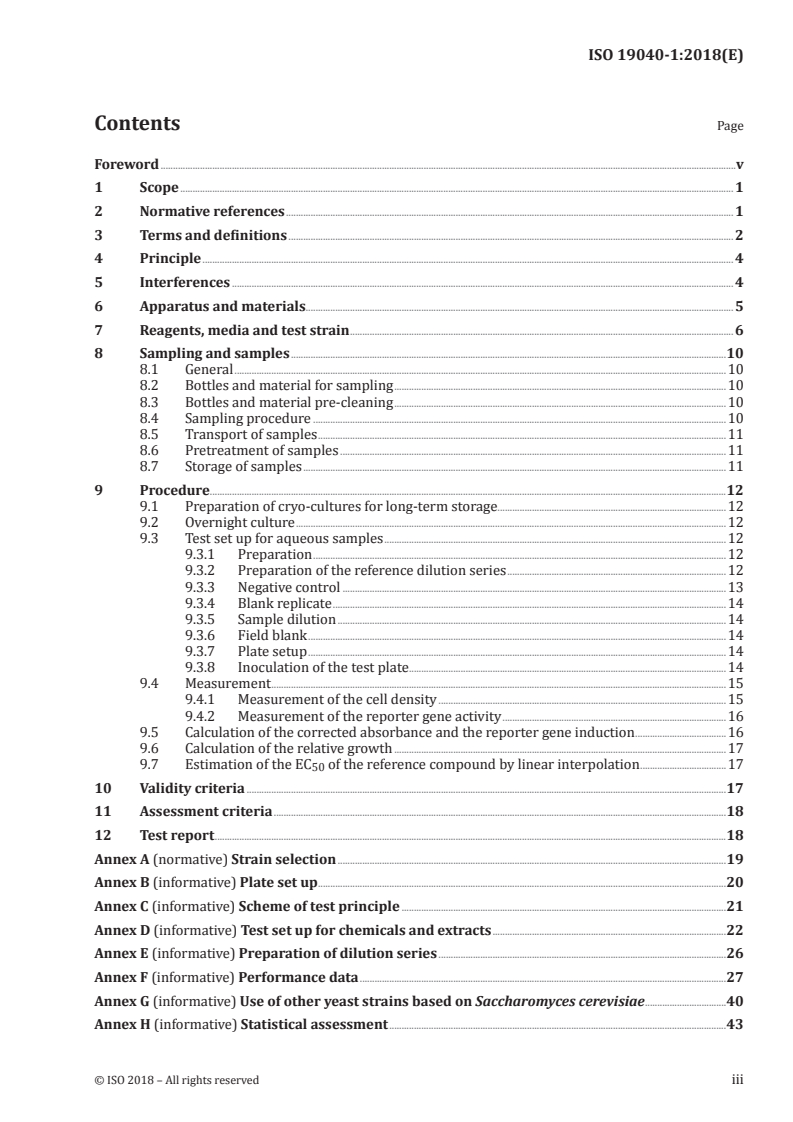 ISO 19040-1:2018 ISO 19040-1:2018 - Water quality — Determination of the estrogenic potential of water and waste water — Part 1: Yeast estrogen screen (Saccharomyces cerevisiae)/7/2018 - Page 3 preview