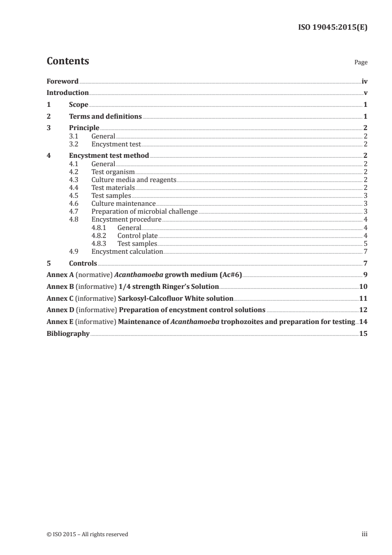 ISO 19045:2015 ISO 19045:2015 - Ophthalmic optics — Contact lens care products — Method for evaluating Acanthamoeba encystment by contact lens care products/8/2015 - Page 3 preview
