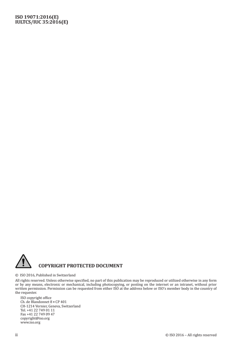 ISO 19071:2016 ISO 19071:2016 - Leather — Chemical tests — Determination of chromium (VI) and the reductive potential for chromium tanning agents/25/2016 - Page 2 preview