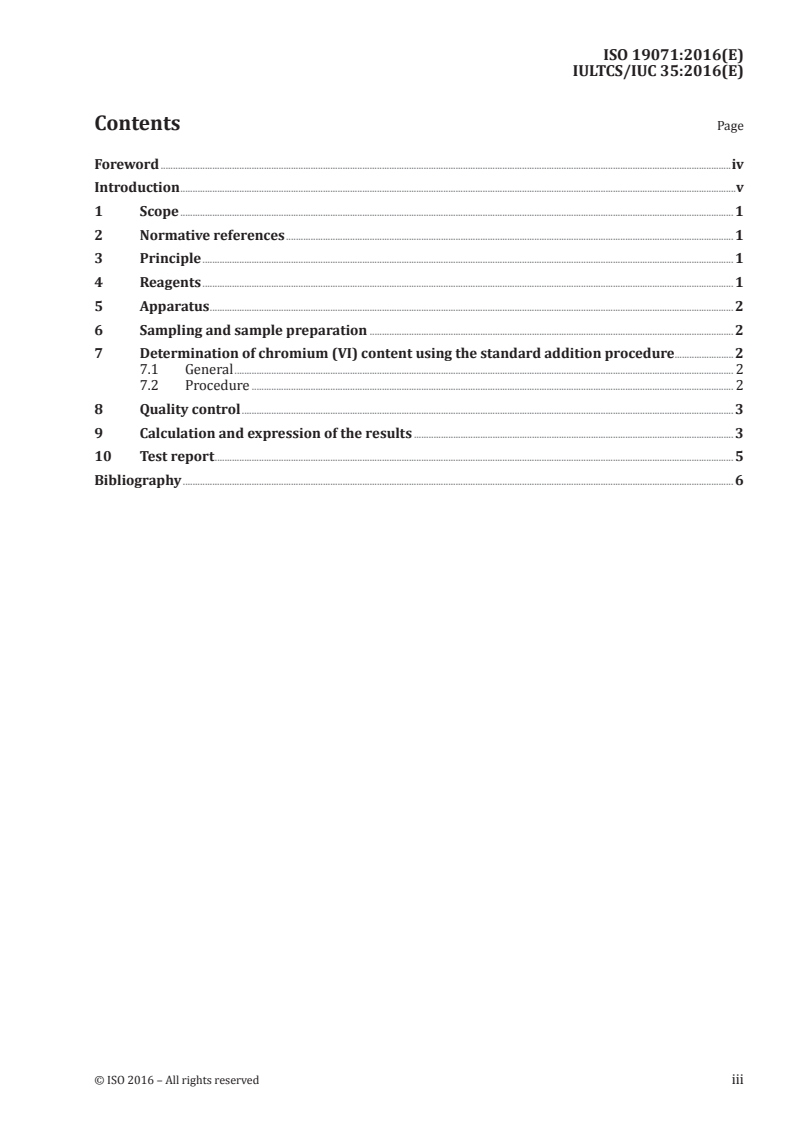 ISO 19071:2016 ISO 19071:2016 - Leather — Chemical tests — Determination of chromium (VI) and the reductive potential for chromium tanning agents/25/2016 - Page 3 preview