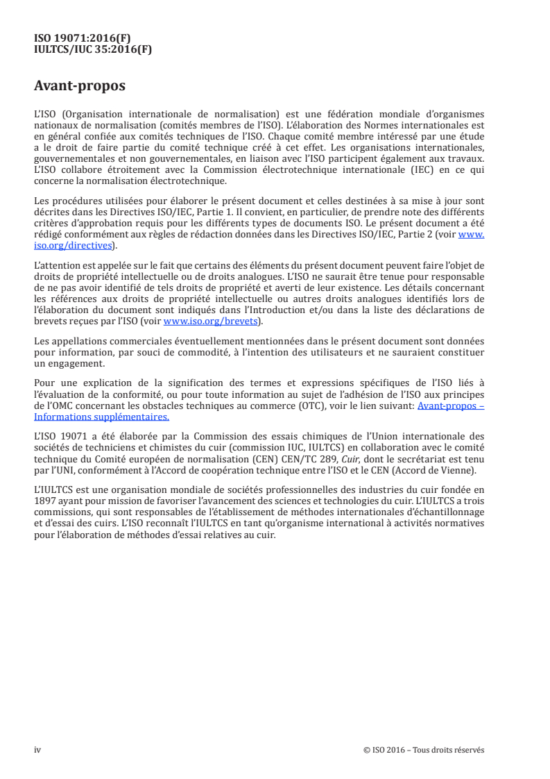 ISO 19071:2016 ISO 19071:2016 - Cuir — Essais chimiques — Détermination de la teneur en chrome (VI) et du potentiel de réduction des agents de tannage au chrome/25/2016 - Page 4 preview