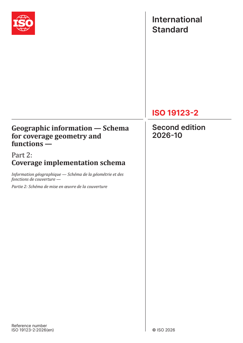 ISO 19123-2:2026 ISO 19123-2:2026 - Geographic information — Schema for coverage geometry and functions — Part 2: Coverage implementation schema - Page 1 preview