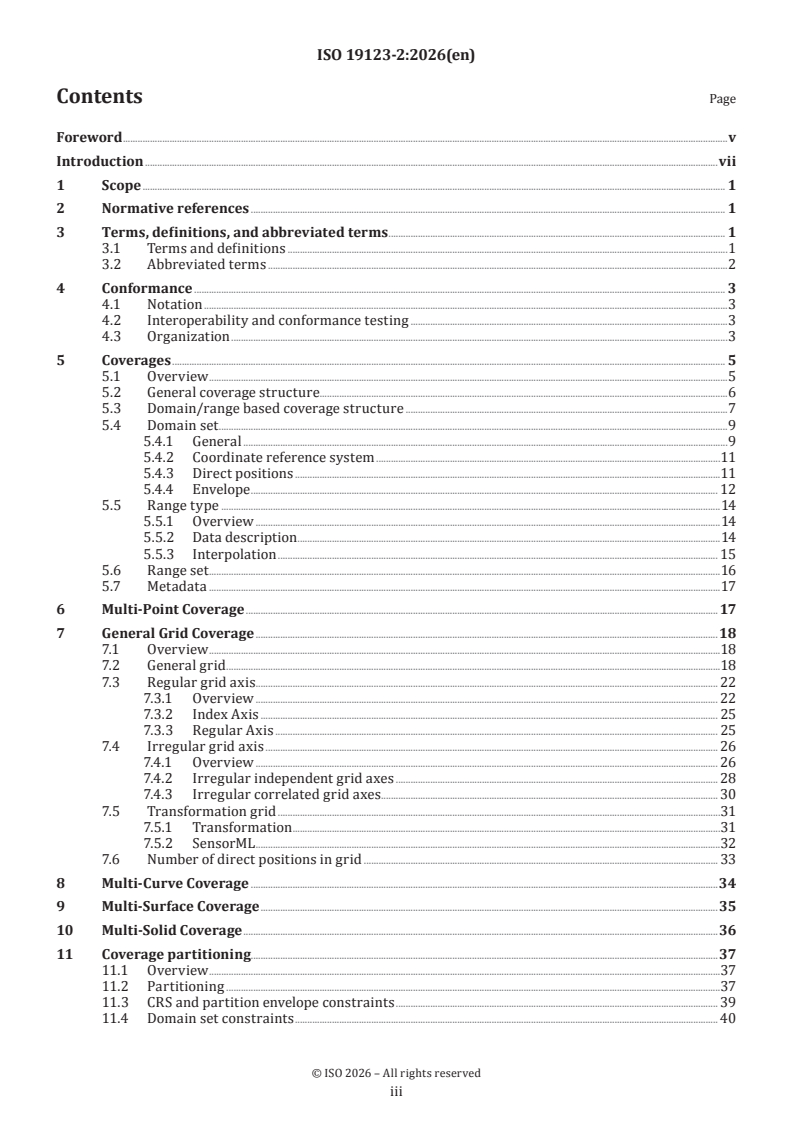ISO 19123-2:2026 ISO 19123-2:2026 - Geographic information — Schema for coverage geometry and functions — Part 2: Coverage implementation schema - Page 3 preview