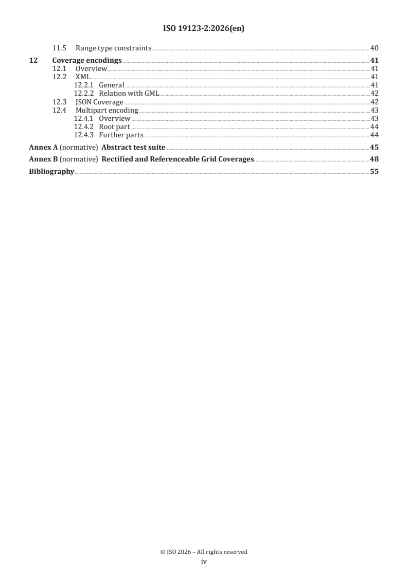 ISO 19123-2:2026 ISO 19123-2:2026 - Geographic information — Schema for coverage geometry and functions — Part 2: Coverage implementation schema - Page 4 preview