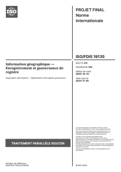 ISO 19135 - Information géographique — Enregistrement et gouvernance de registre
Released:11/26/2025 - Page 1 preview