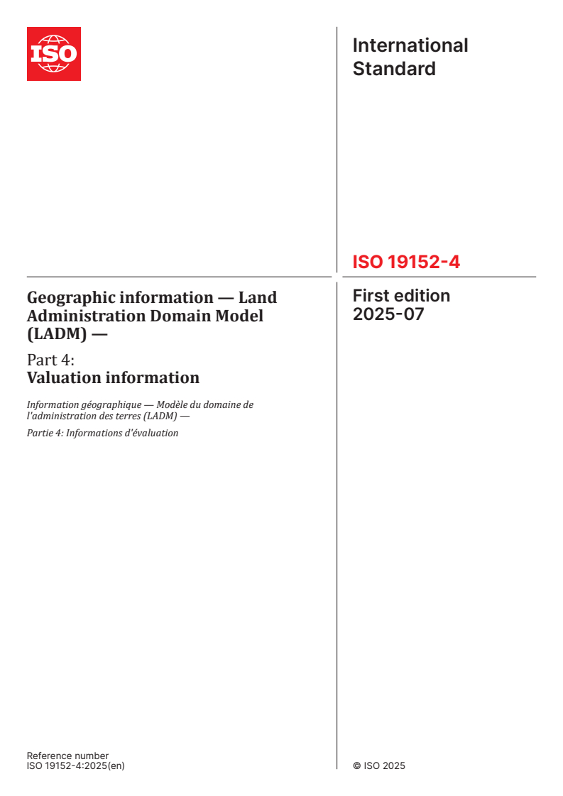 ISO 19152-4:2025 - Geographic information — Land Administration Domain Model (LADM) — Part 4: Valuation information
Released:8. 07. 2025
