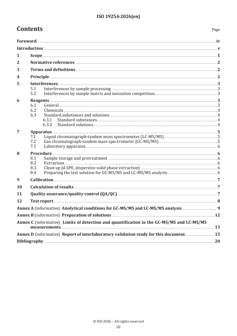 ISO 19254:2026 ISO 19254:2026 - Soil quality — Simultaneous determination of multi-class pesticide residues in soil using gas chromatography-tandem mass spectrometry (GC-MS/MS) and liquid chromatography-tandem mass spectrometry (LC-MS/MS) analysis - Page 3 preview