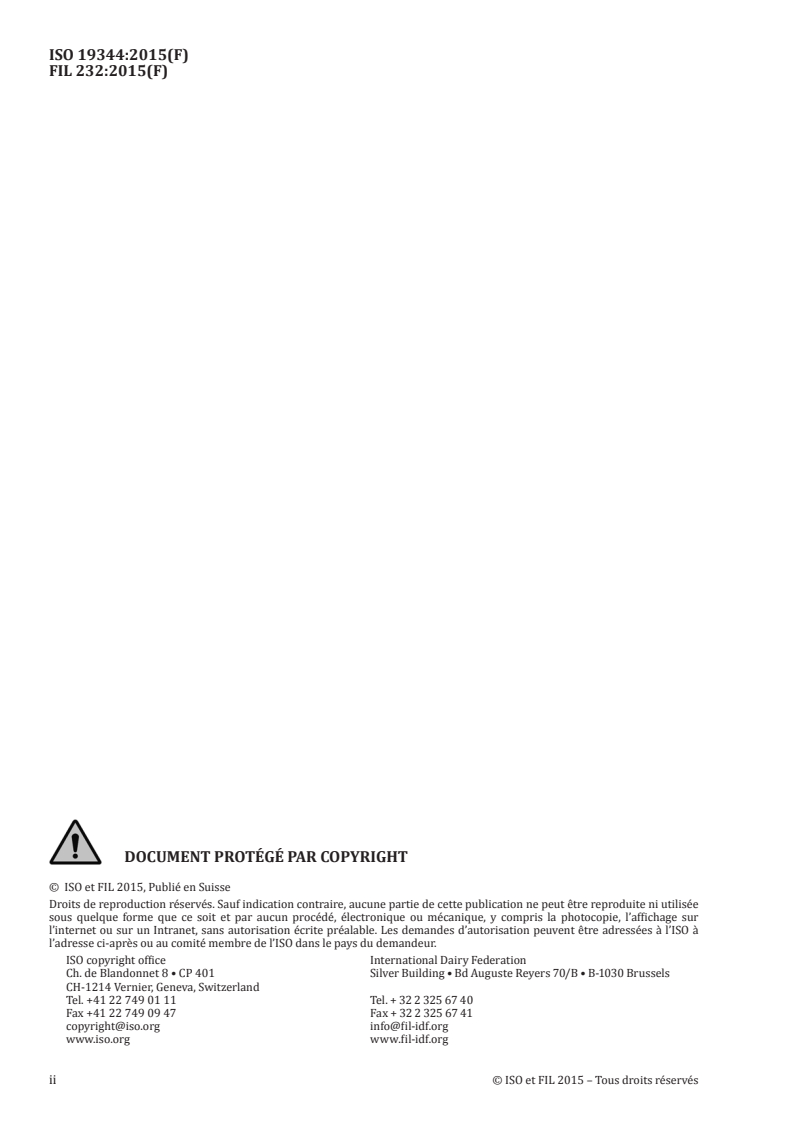 ISO 19344:2015 ISO 19344:2015 - Lait et produits laitiers — Ferments lactiques, probiotiques et produits fermentés — Quantification de bactéries lactiques par cytométrie en flux/15/2016 - Page 2 preview