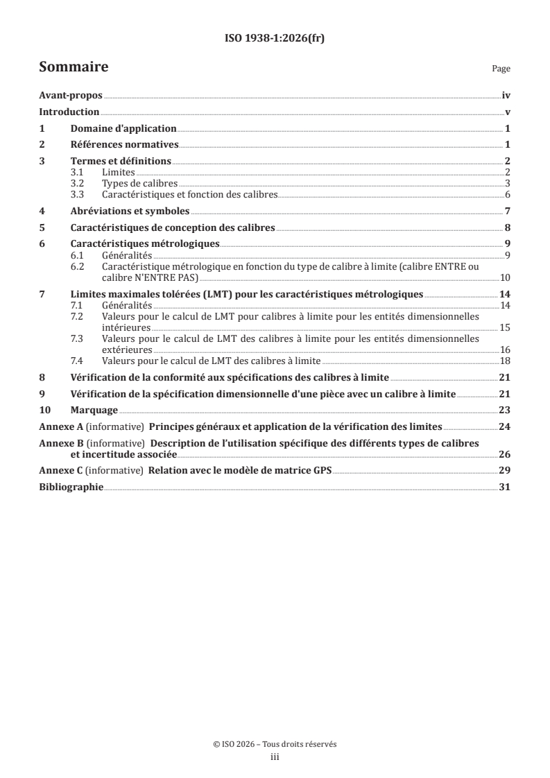 ISO 1938-1:2026 ISO 1938-1:2026 - Spécification géométrique des produits (GPS) — Équipement de mesure dimensionnel — Partie 1: Calibres lisses à limite de taille linéaire - Page 3 preview