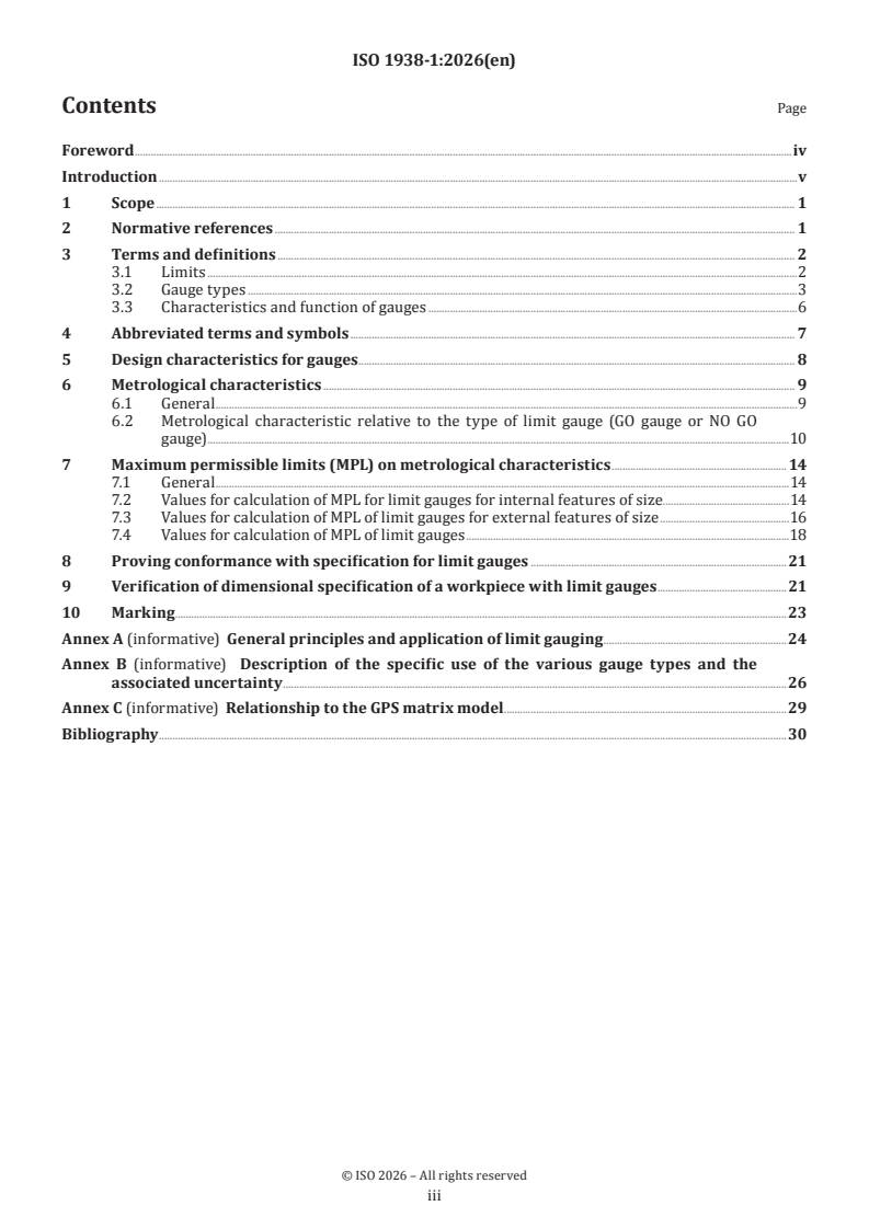 ISO 1938-1:2026 ISO 1938-1:2026 - Geometrical product specifications (GPS) — Dimensional measuring equipment — Part 1: Plain limit gauges of linear size - Page 3 preview