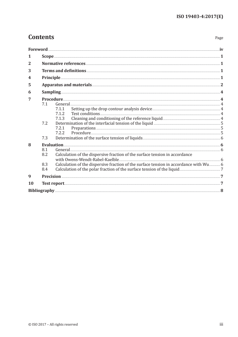ISO 19403-4:2017 ISO 19403-4:2017 - Paints and varnishes — Wettability — Part 4: Determination of the polar and dispersive fractions of the surface tension of liquids from an interfacial tension/28/2017 - Page 3 preview