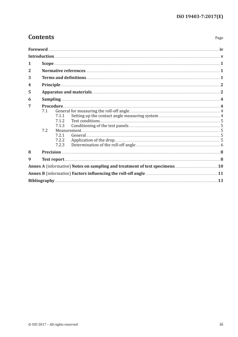 ISO 19403-7:2017 ISO 19403-7:2017 - Paints and varnishes — Wettability — Part 7: Measurement of the contact angle on a tilt stage (roll-off angle)/28/2017 - Page 3 preview