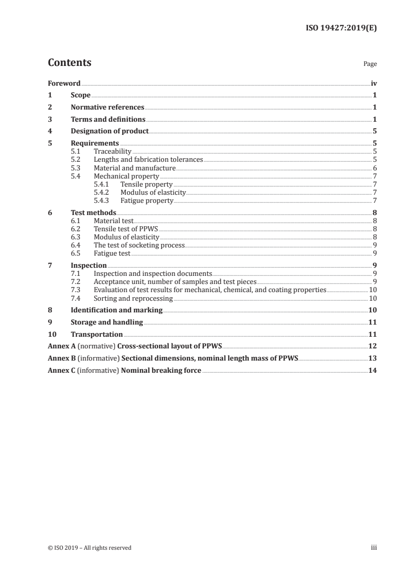 ISO 19427:2019 ISO 19427:2019 - Steel wire ropes — Pre-fabricated parallel wire strands for suspension bridge main cable — Specifications/14/2019 - Page 3 preview