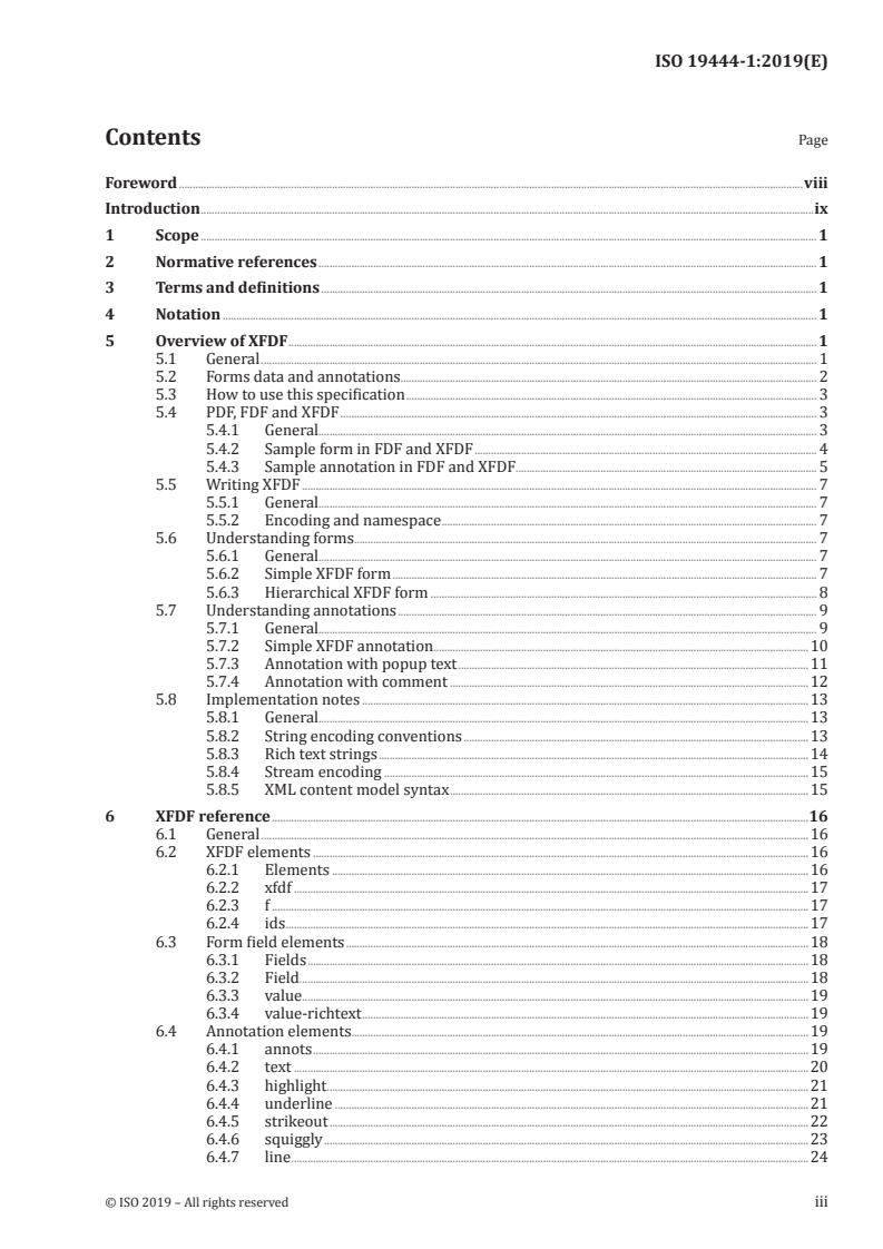 ISO 19444-1:2019 ISO 19444-1:2019 - Document management — XML Forms Data Format — Part 1: Use of ISO 32000-2 (XFDF 3.0)/9/2019 - Page 3 preview