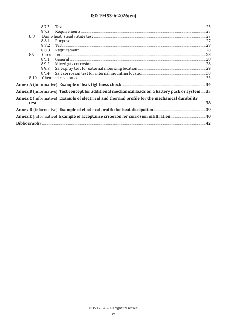 ISO 19453-6:2026 ISO 19453-6:2026 - Road vehicles — Environmental conditions and testing for electrical and electronic equipment for drive system of electric propulsion vehicles — Part 6: Traction battery packs and systems - Page 4 preview