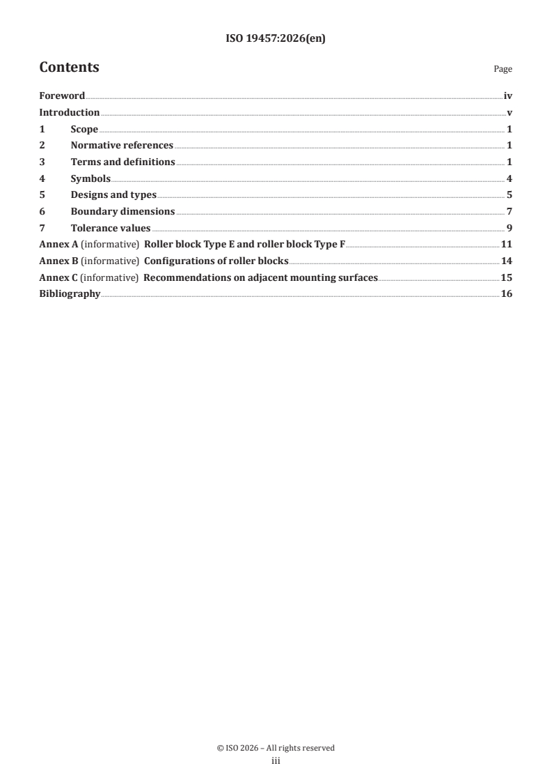 ISO 19457:2026 ISO 19457:2026 - Rolling bearings — Roller blocks as subassemblies for linear motion rolling bearings — Boundary dimensions and tolerance values - Page 3 preview