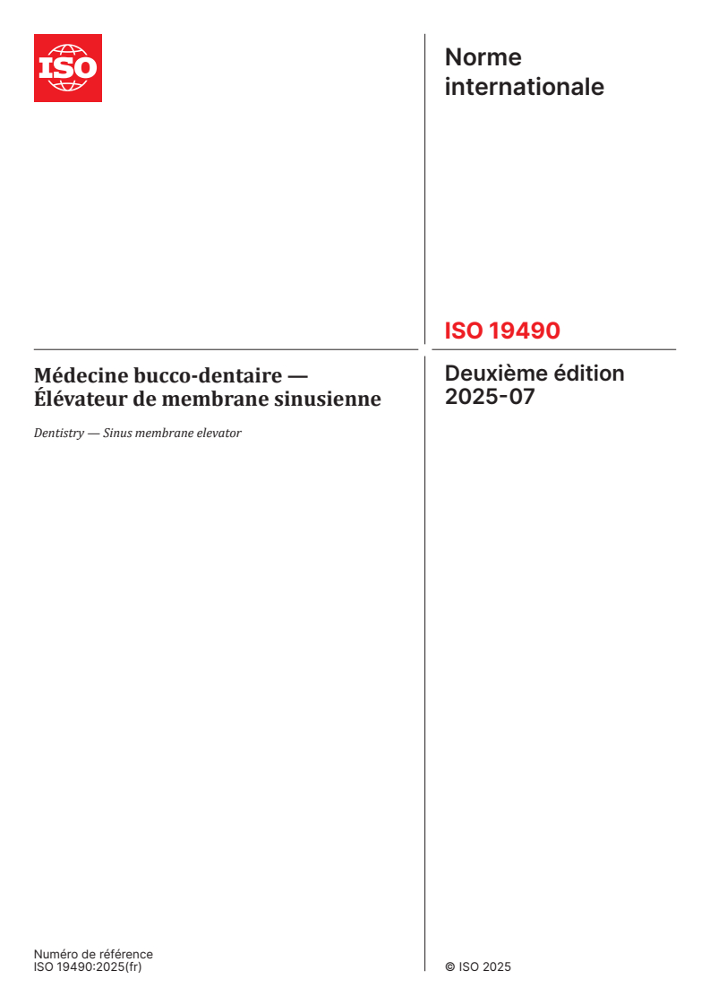 ISO 19490:2025 - Médecine bucco-dentaire — Élévateur de membrane sinusienne
Released:25. 07. 2025