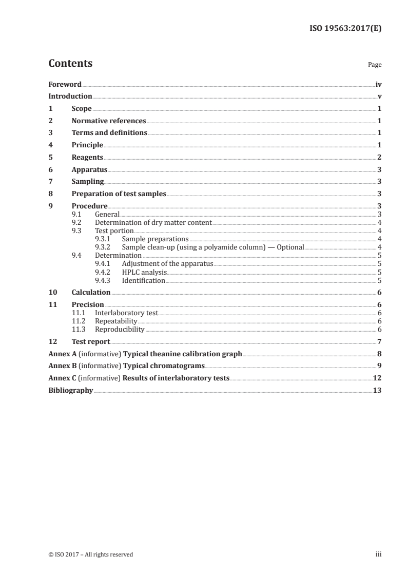 ISO 19563:2017 ISO 19563:2017 - Determination of theanine in tea and instant tea in solid form using high-performance liquid chromatography/10/2017 - Page 3 preview