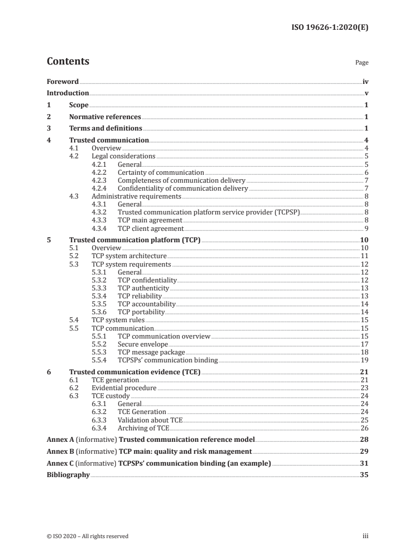 ISO 19626-1:2020 ISO 19626-1:2020 - Processes, data elements and documents in commerce, industry and administration — Trusted communication platforms for electronic documents — Part 1: Fundamentals/30/2020 - Page 3 preview