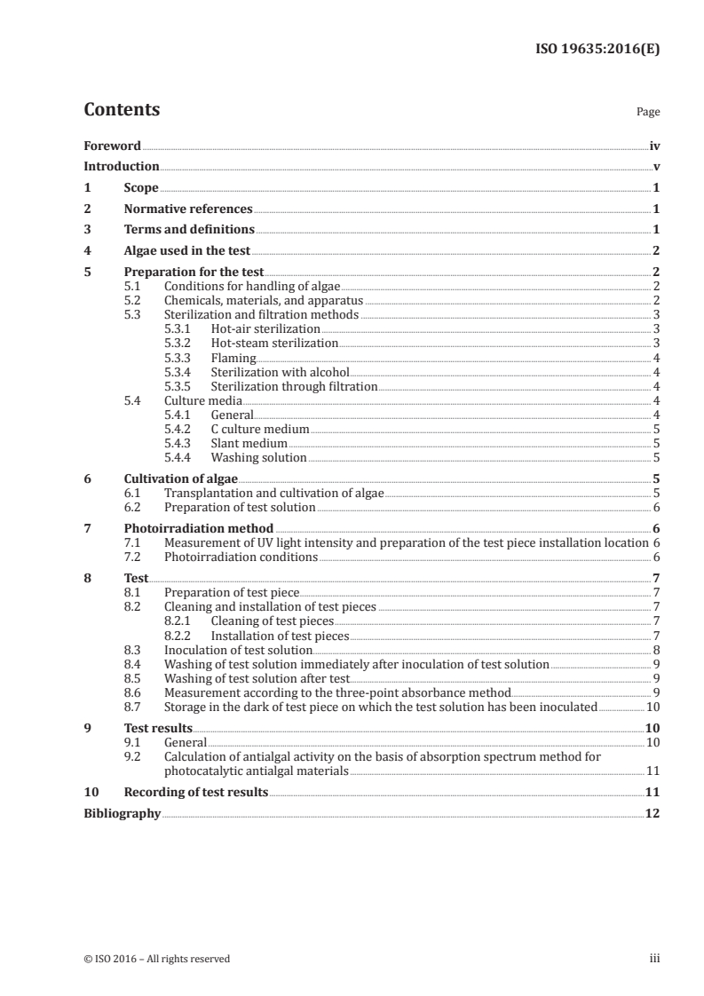 ISO 19635:2016 ISO 19635:2016 - Fine ceramics (advanced ceramics, advanced technical ceramics) — Test method for antialgal activity of semiconducting photocatalytic materials/1/2016 - Page 3 preview