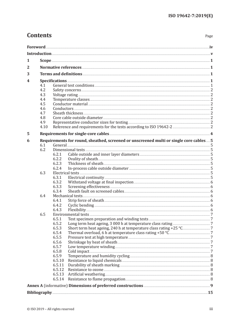 ISO 19642-7:2019 ISO 19642-7:2019 - Road vehicles — Automotive cables — Part 7: Dimensions and requirements for 30 V a.c. or 60 V d.c. round, sheathed, screened or unscreened multi or single core copper conductor cables/30/2019 - Page 3 preview