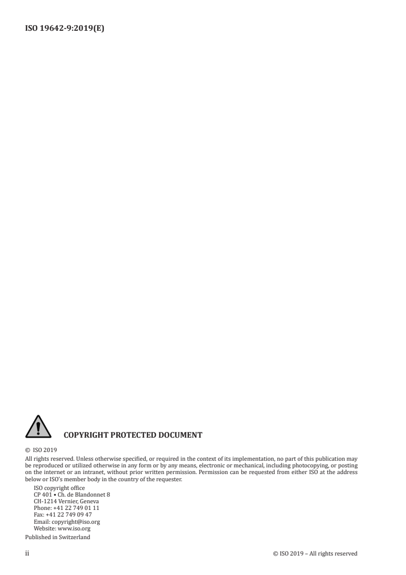 ISO 19642-9:2019 ISO 19642-9:2019 - Road vehicles — Automotive cables — Part 9: Dimensions and requirements for 600 V a.c. or 900 V d.c. and 1 000 V a.c. or 1 500 V d.c. round, sheathed, screened or unscreened multi or single core copper conductor cables/30/2019 - Page 2 preview