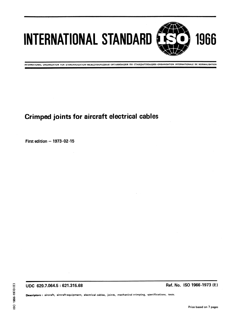 ISO 1966:1973 ISO 1966:1973 - Crimped joints for aircraft electrical cables/1/1973 - Page 1 preview