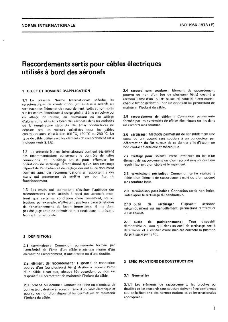 ISO 1966:1973 ISO 1966:1973 - Raccordements sertis pour câbles électriques utilisés à bord des aéronefs/1/1973 - Page 3 preview