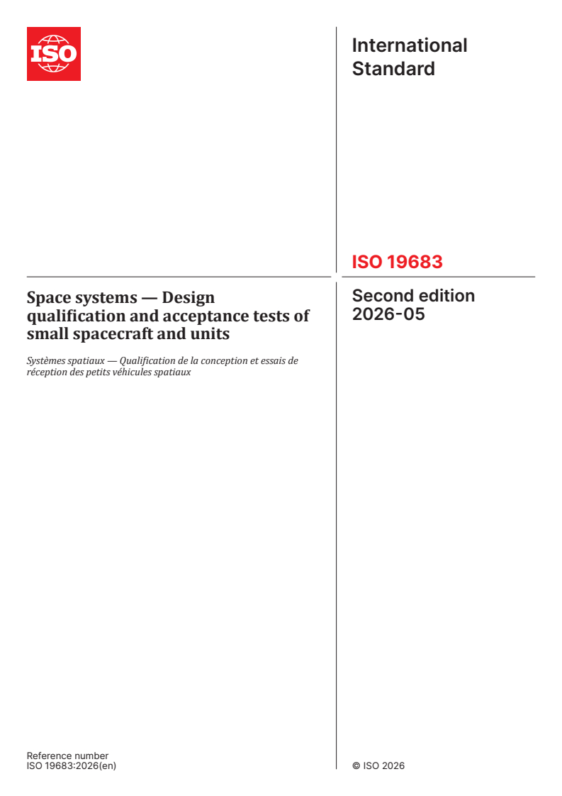 ISO 19683:2026 ISO 19683:2026 - Space systems — Design qualification and acceptance tests of small spacecraft and units - Page 1 preview