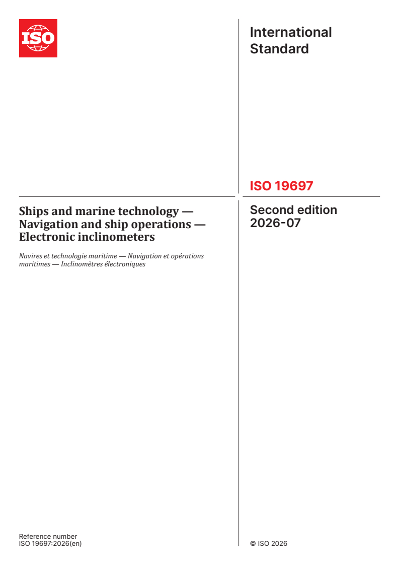 ISO 19697:2026 ISO 19697:2026 - Ships and marine technology — Navigation and ship operations — Electronic inclinometers - Page 1 preview