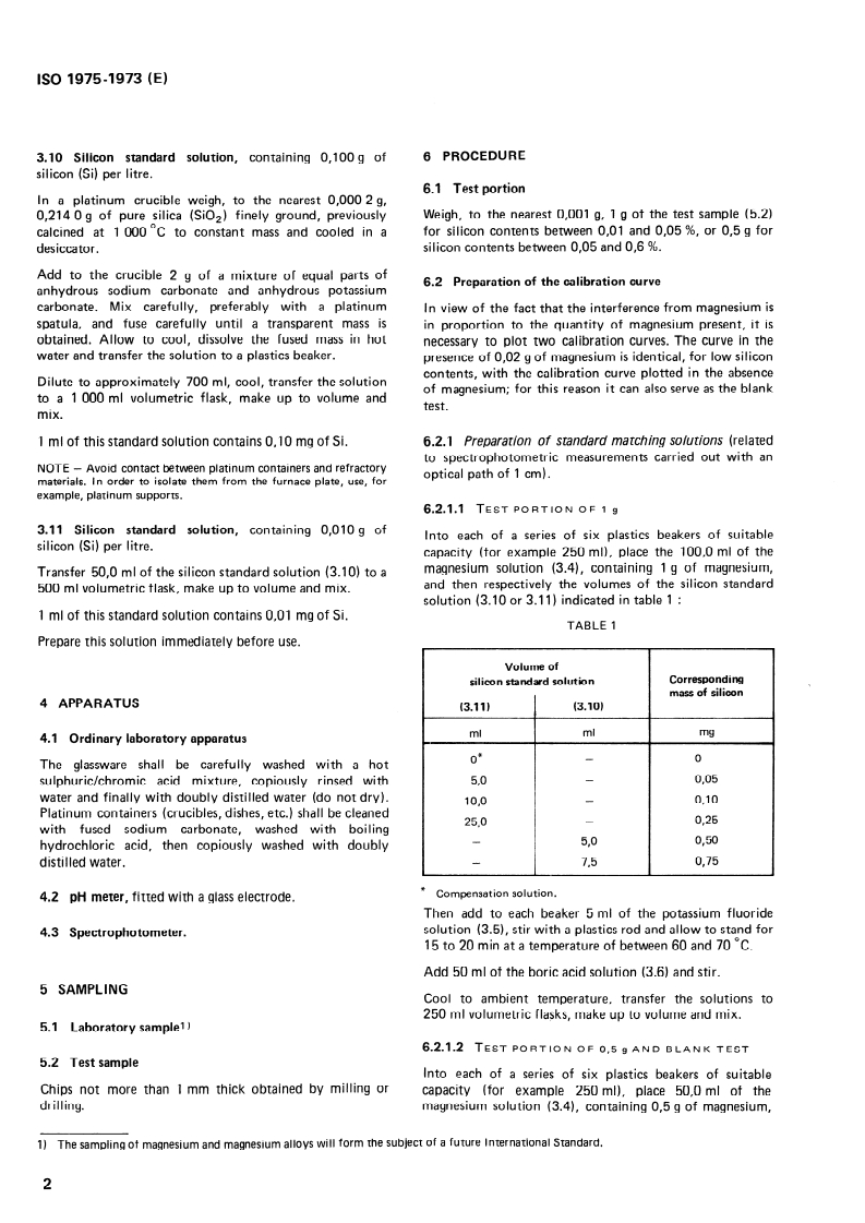 ISO 1975:1973 ISO 1975:1973 - Magnesium and magnesium alloys — Determination of silicon — Spectrophotometric method with the reduced silicomolybdic complex/1/1973 - Page 4 preview