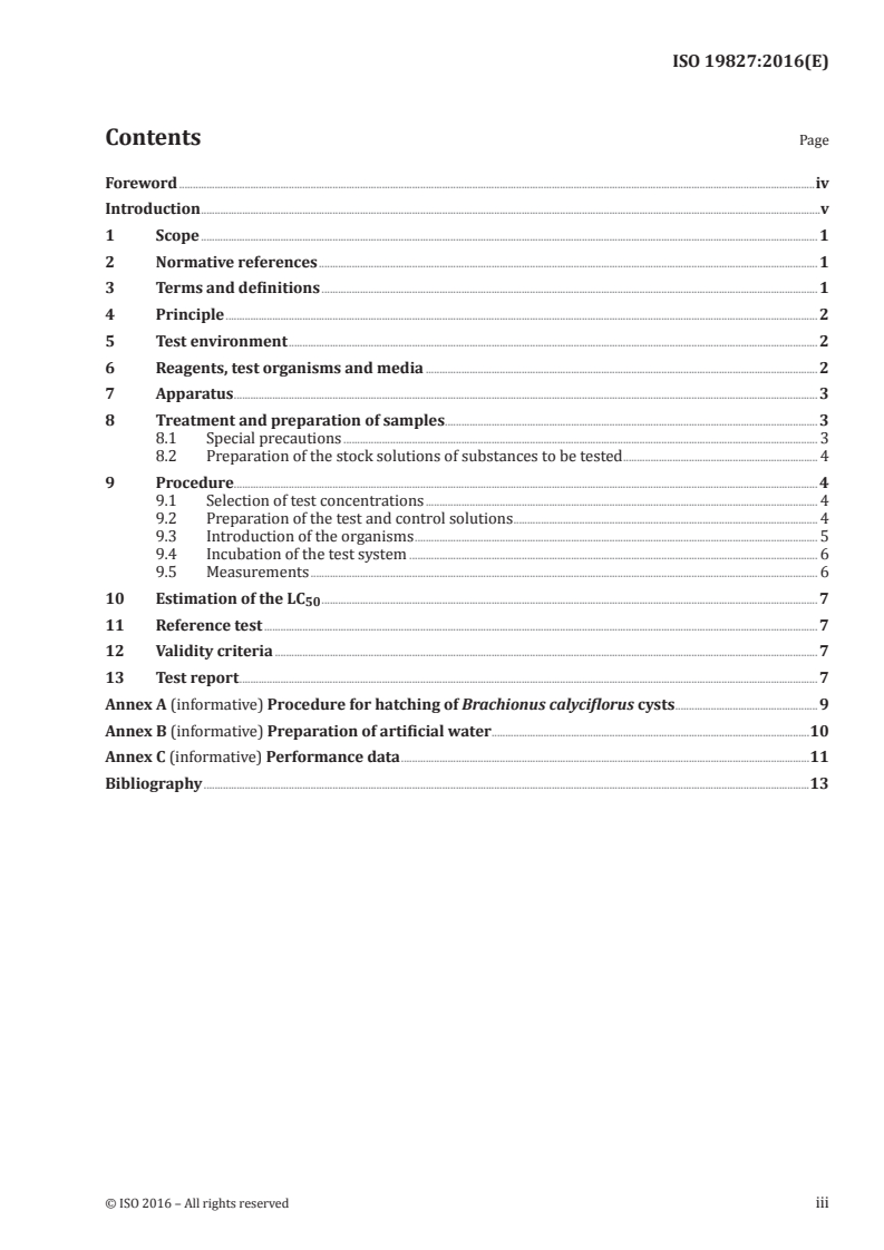 ISO 19827:2016 ISO 19827:2016 - Water quality — Determination of the acute toxicity to the freshwater rotifer Brachionus calyciflorus/18/2016 - Page 3 preview