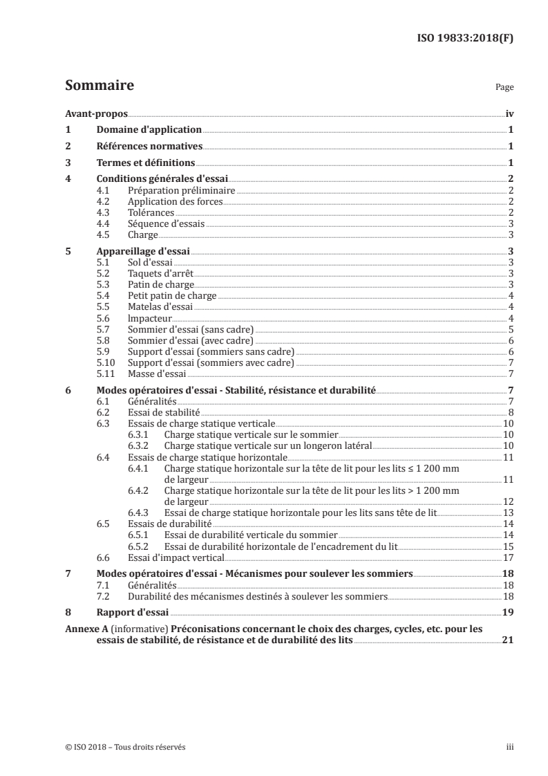 ISO 19833:2018 ISO 19833:2018 - Ameublement — Couchages — Méthodes d'essai pour la détermination de la stabilité, de la résistance et de la durabilité/21/2018 - Page 3 preview