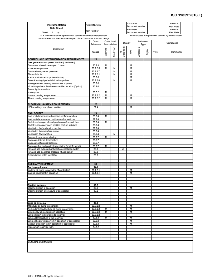 ISO 19859:2016 ISO19859_2016_4.Instrumentation_Data_Sheet - ISO 19859:2016 - Gas turbine applications — Requirements for power generation/10/2016 - Page 2 preview
