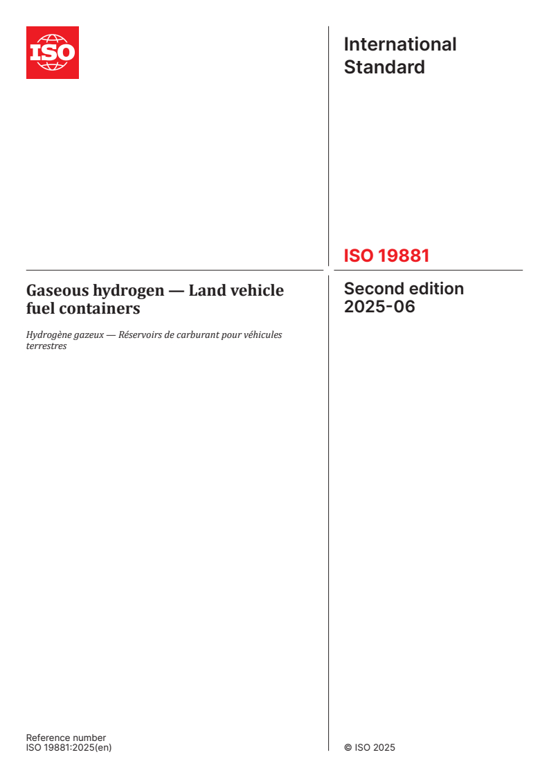 ISO 19881:2025 - Gaseous hydrogen — Land vehicle fuel containers
Released:13. 06. 2025