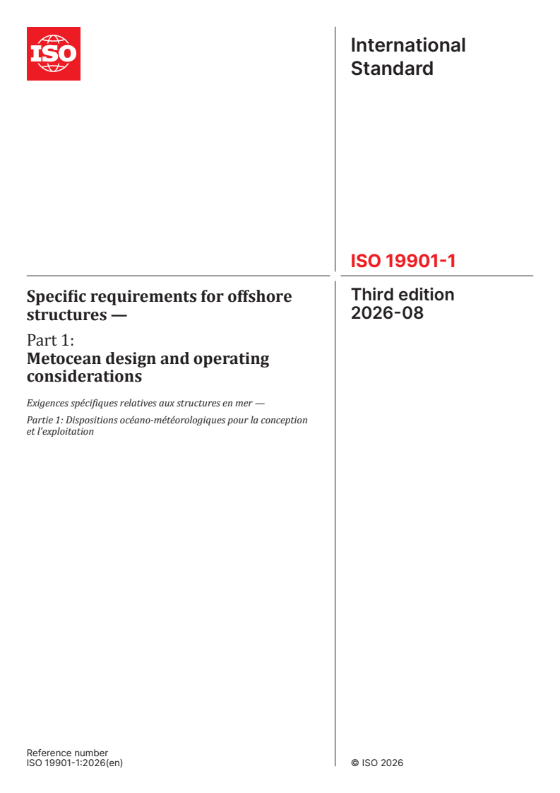 ISO 19901-1:2026 ISO 19901-1:2026 - Specific requirements for offshore structures — Part 1: Metocean design and operating considerations - Page 1 preview