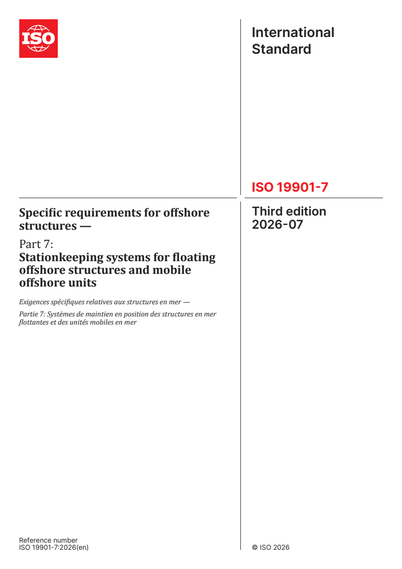 ISO 19901-7:2026 ISO 19901-7:2026 - Specific requirements for offshore structures — Part 7: Stationkeeping systems for floating offshore structures and mobile offshore units - Page 1 preview