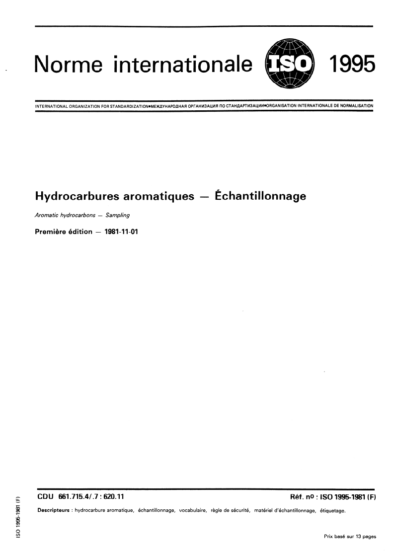 ISO 1995:1981 ISO 1995:1981 - Hydrocarbures aromatiques — Échantillonnage/1/1981 - Page 1 preview