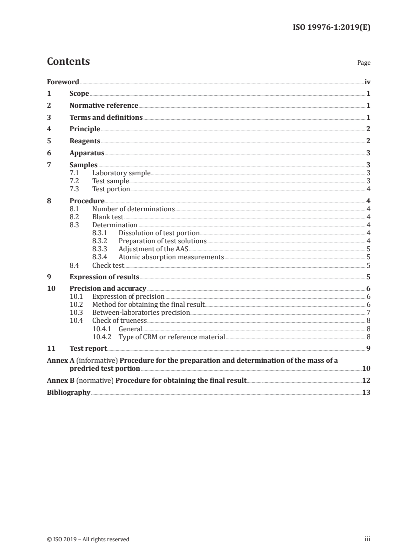 ISO 19976-1:2019 ISO 19976-1:2019 - Copper, lead and zinc sulfide concentrates — Determination of cadmium — Part 1: Flame atomic absorption spectrometric method/19/2019 - Page 3 preview