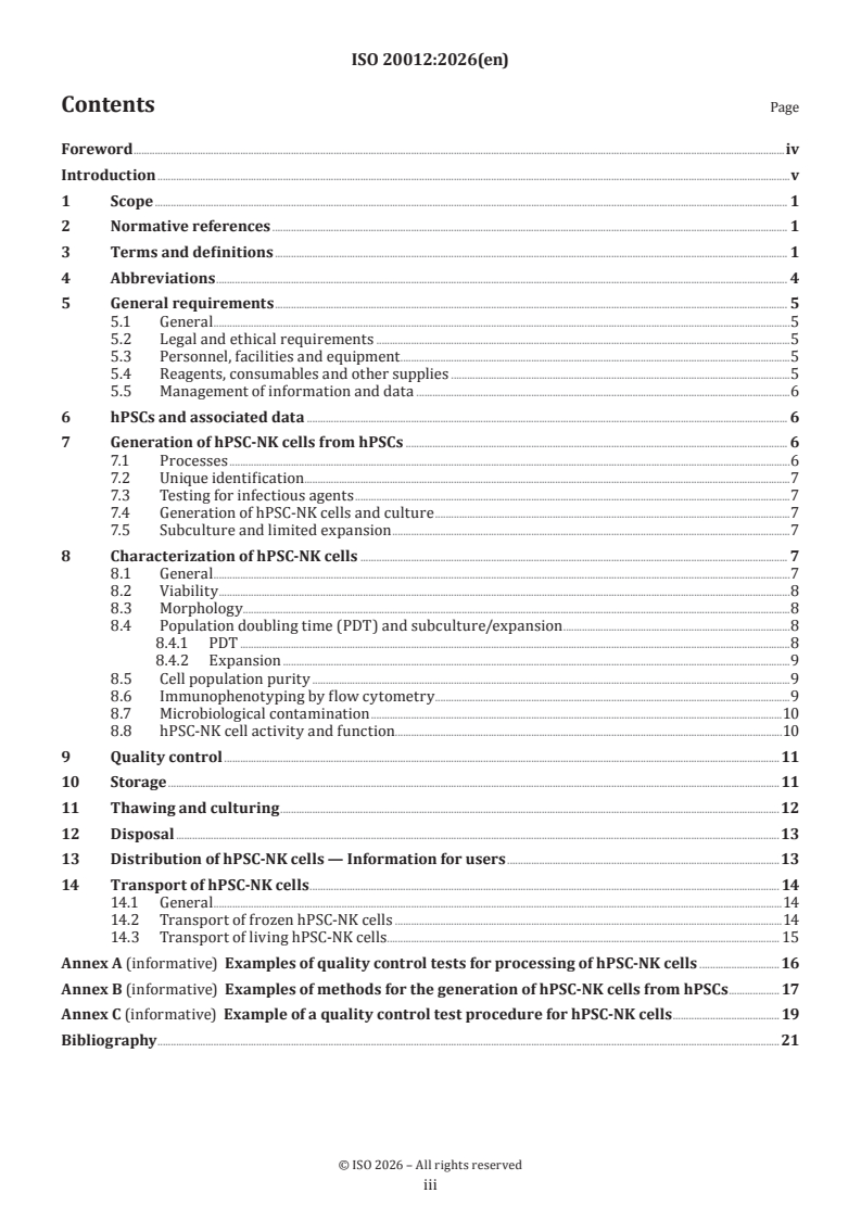 ISO 20012:2026 ISO 20012:2026 - Biotechnology — Biobanking — Requirements for human natural killer cells derived from pluripotent stem cells - Page 3 preview