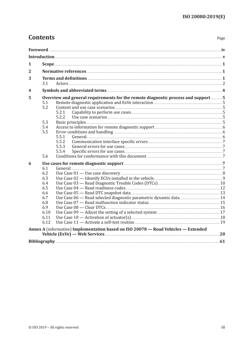 ISO 20080:2019 ISO 20080:2019 - Road vehicles — Information for remote diagnostic support — General requirements, definitions and use cases/22/2019 - Page 3 preview