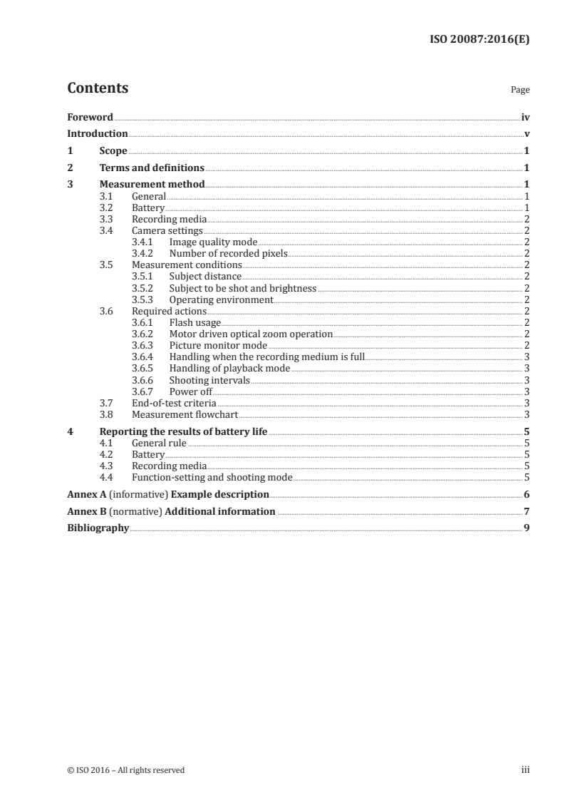 ISO 20087:2016 ISO 20087:2016 - Photography — Digital still cameras — Battery life measurement/3/2016 - Page 3 preview